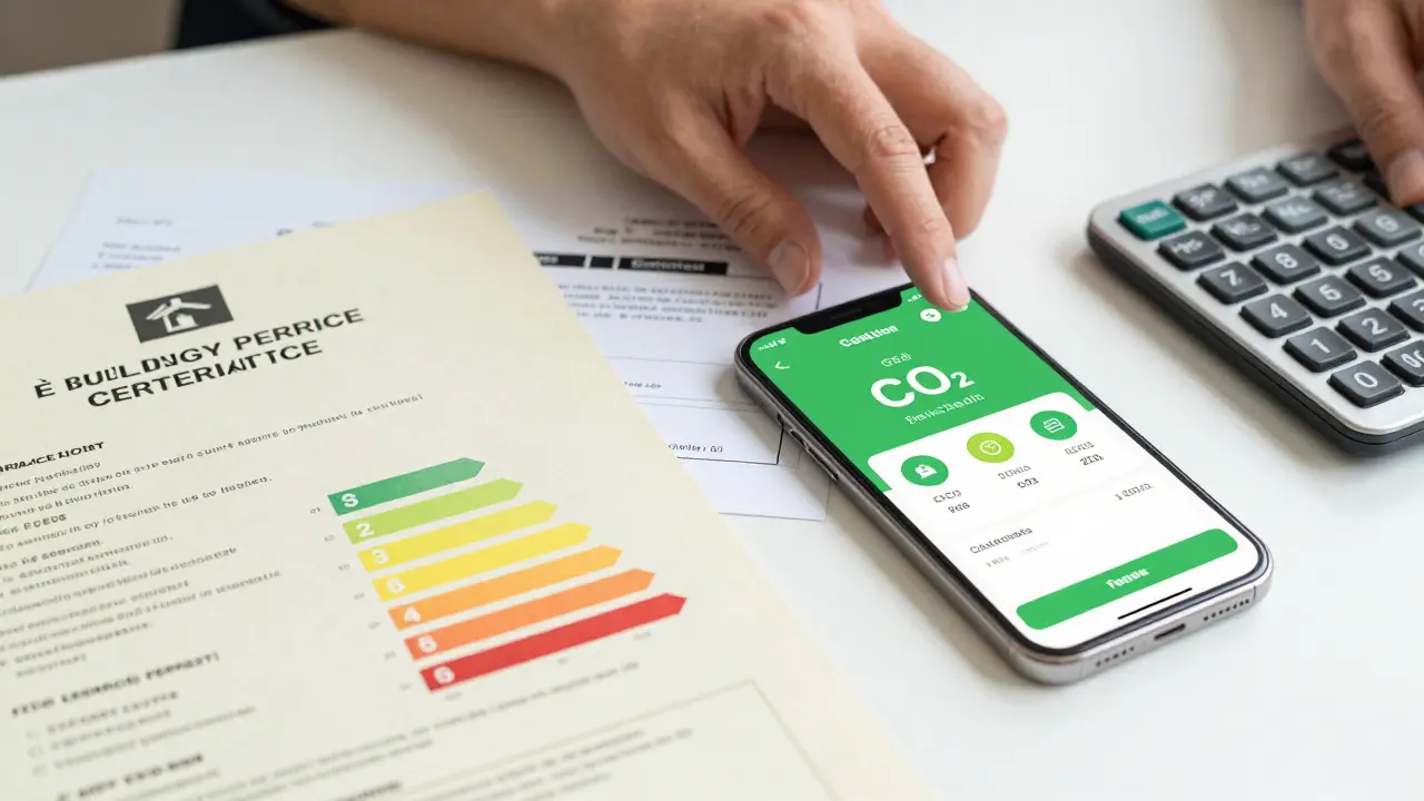 Hände sortieren Energieausweise neben Smartphone mit Förderrechner