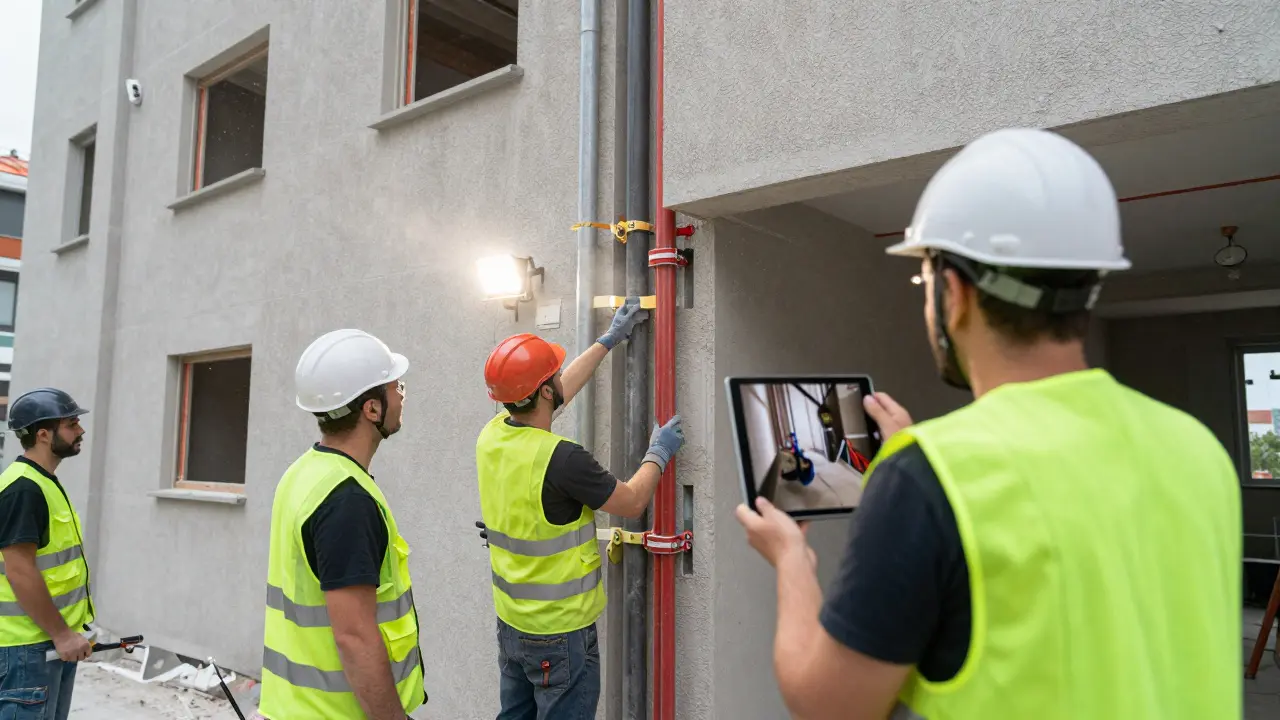 Handwerker installieren neue Leitungen im Schacht