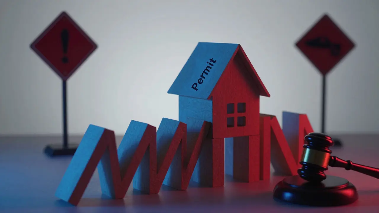 Haus aus Karten symbolisiert Baugenehmigungsrisiken