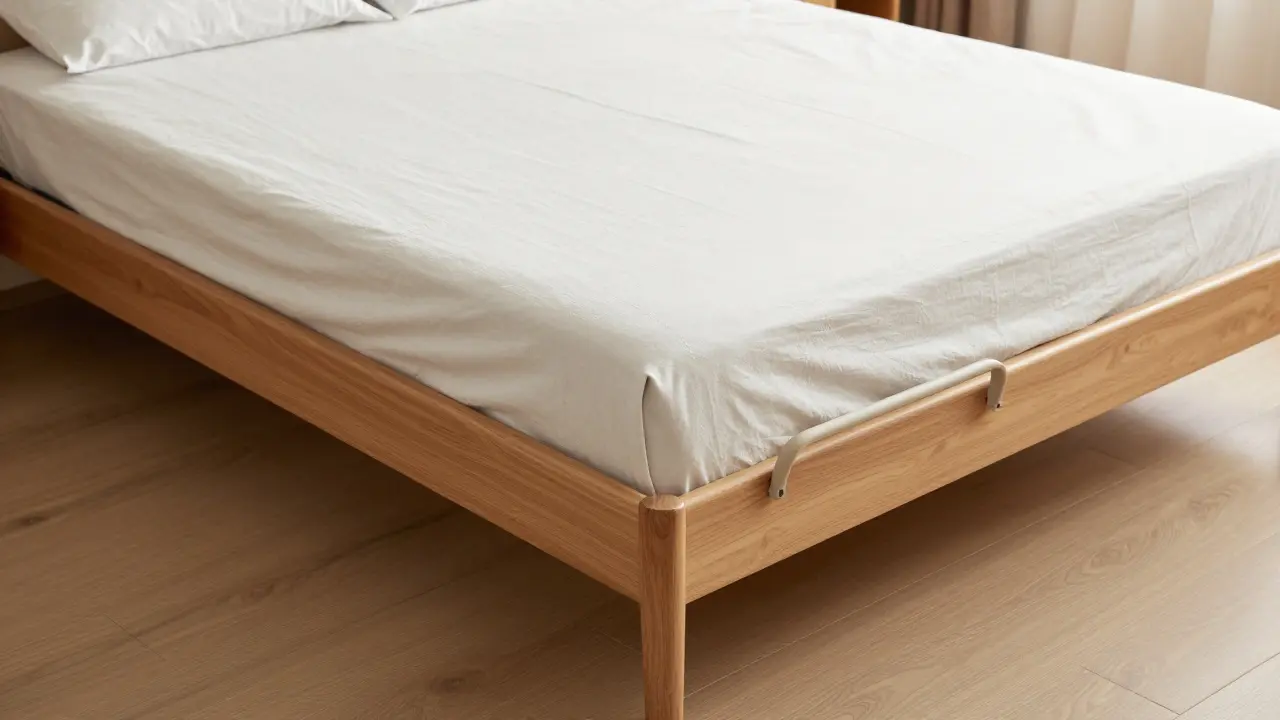 Höhenverstellbares Bett mit seitlichen Haltegriffen und freiem Zugang von beiden Seiten