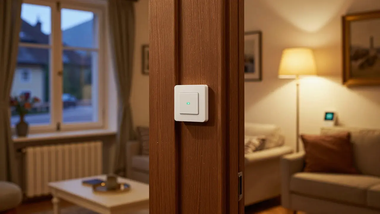 Kabelloser Smart-Home-Schalter an klassischem Holzrahmen