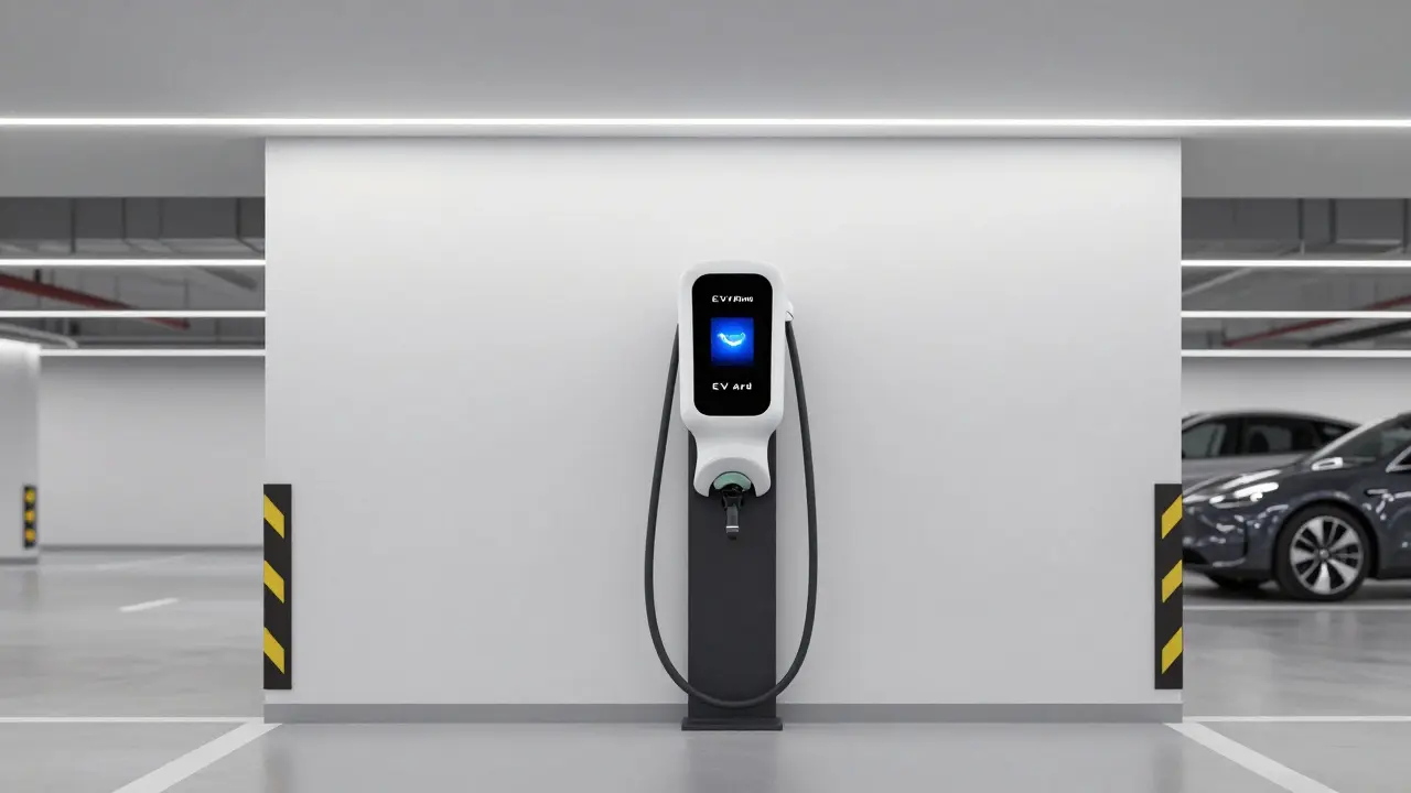 Moderne Ladesäule für E-Autos in einer sauberen Tiefgarage