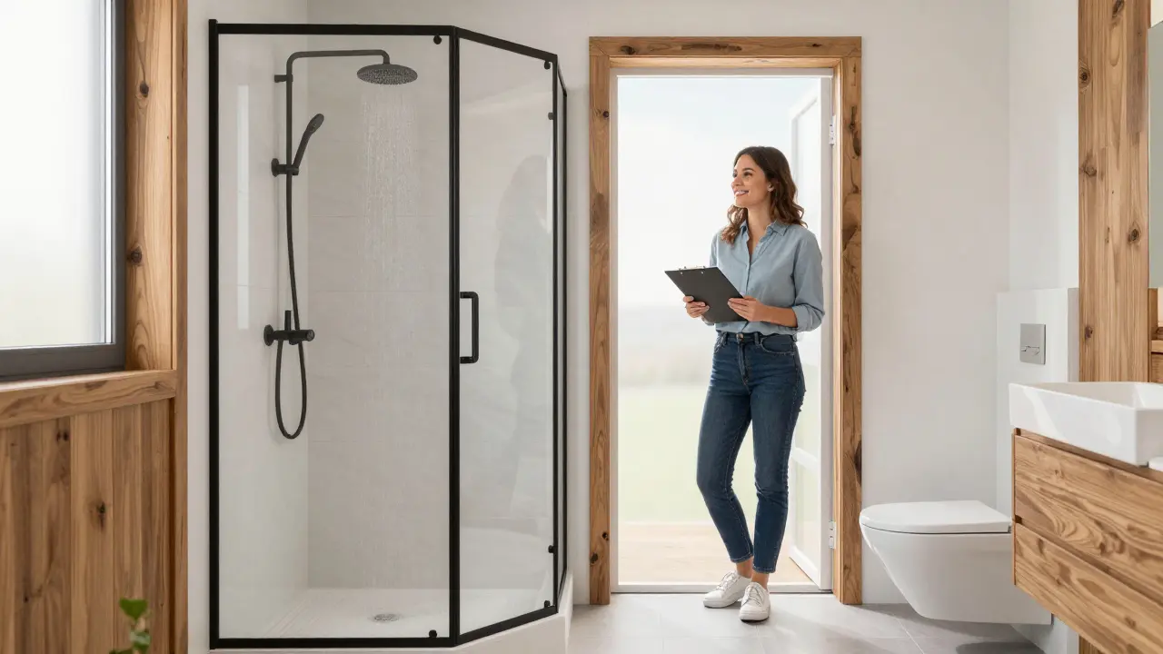 Modernes renoviertes Bad mit zufriedener Person am Eingang