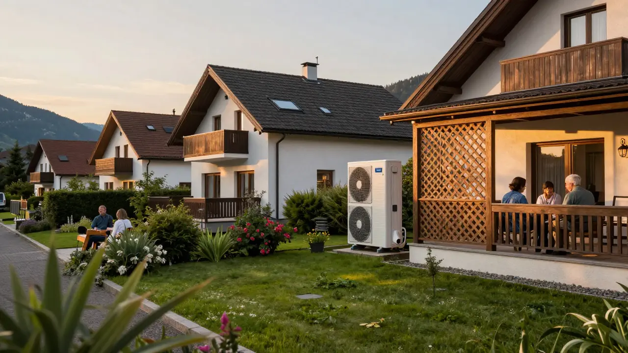 Peaceful suburban home with shielded heat pump, showing noise reduction measures