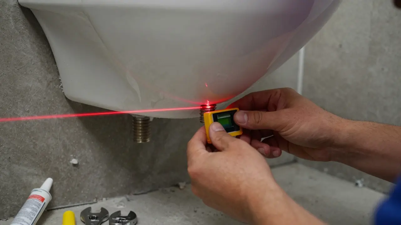 Präzise Montage eines Hänge-WCs mit Laserwaage durch Fachmann