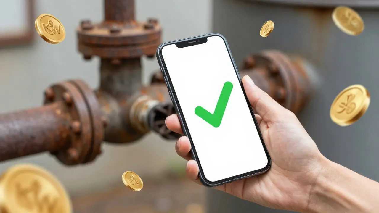 Smartphone mit grüner Bestätigung über alten Heizungsrohren