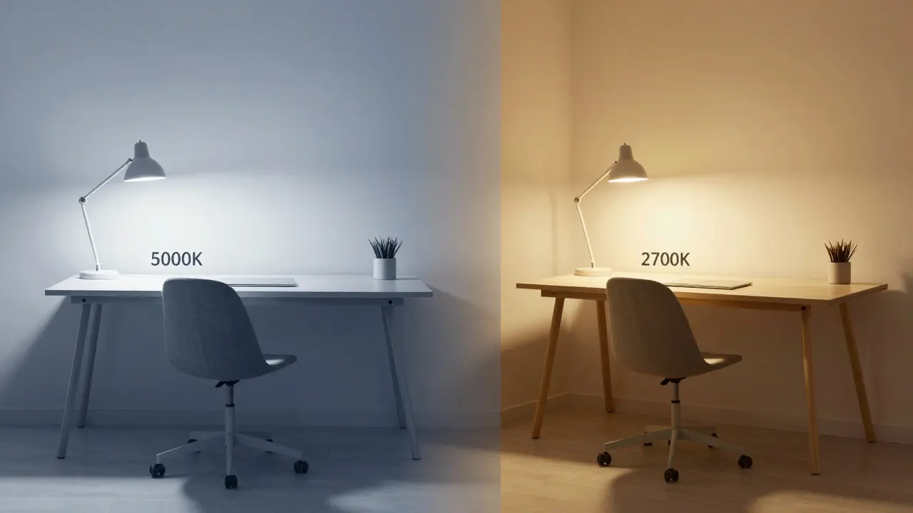 Vergleich von kühlem Büro- und warmem Wohnlicht am Schreibtisch