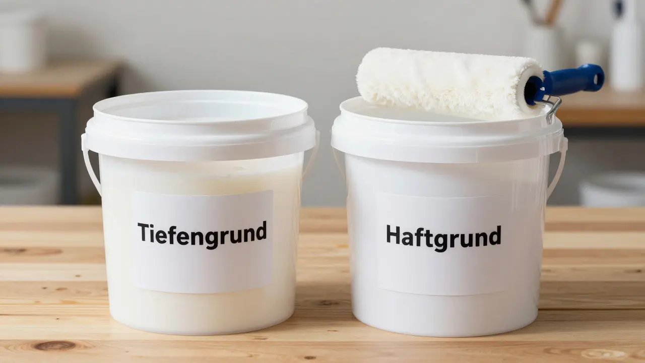 Zwei Eimer mit Tiefengrund und Haftgrund auf Arbeitstisch