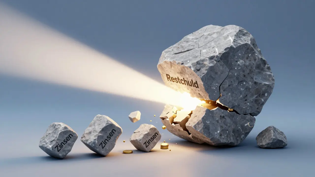 3D concept of breaking debt stone to reduce interest costs visually
