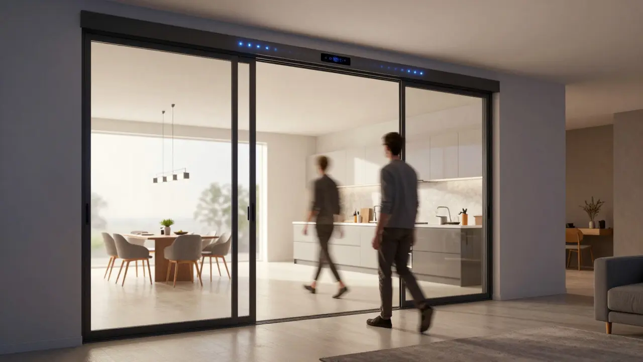 Automatisch öffnende Glas-Schiebetür im Smart-Home-Kontext