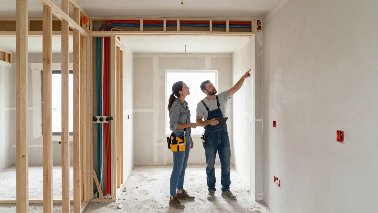 Bauherr und Handwerker inspizieren Rohbau-Fortschritt