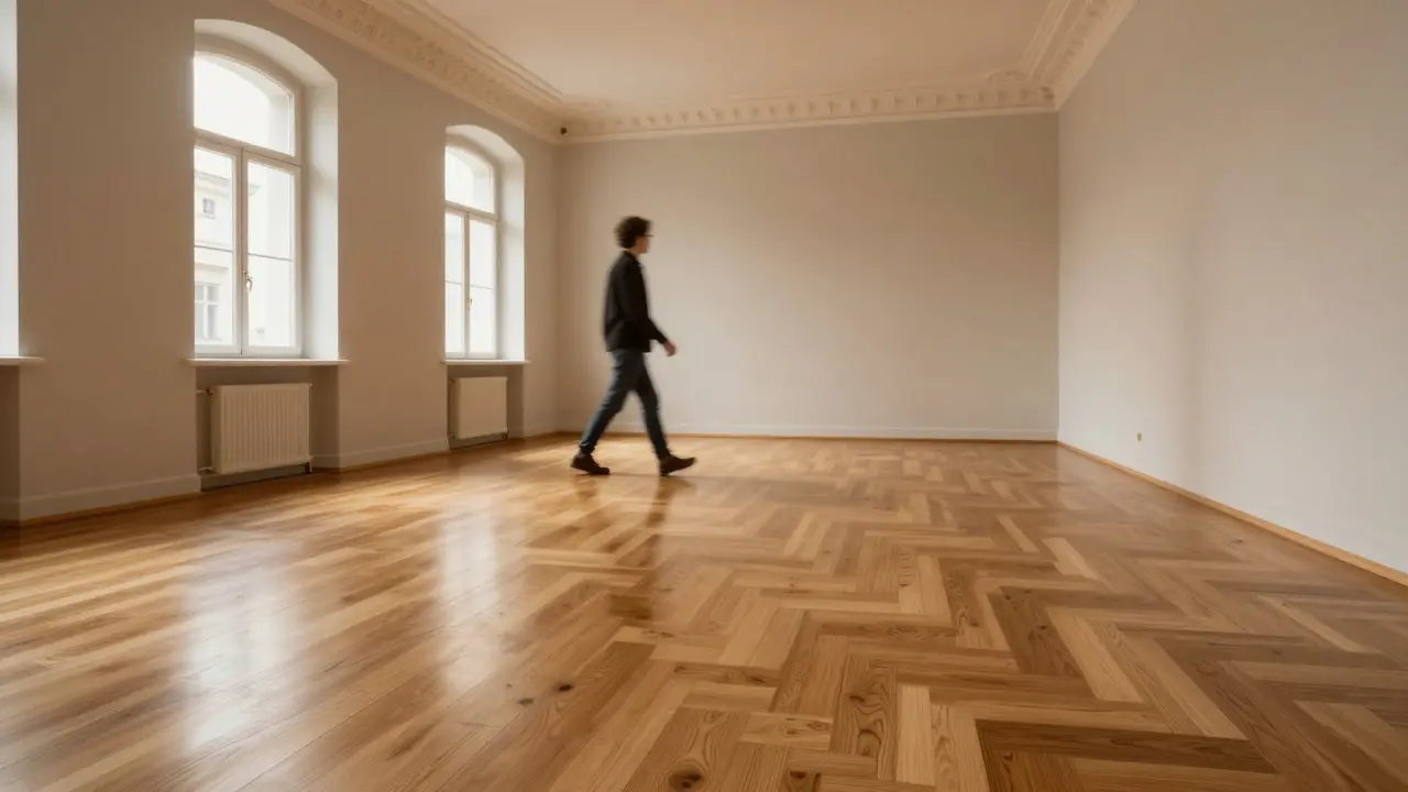 Fertiger Eichenparkettboden im renovierten Altbau-Wohnzimmer