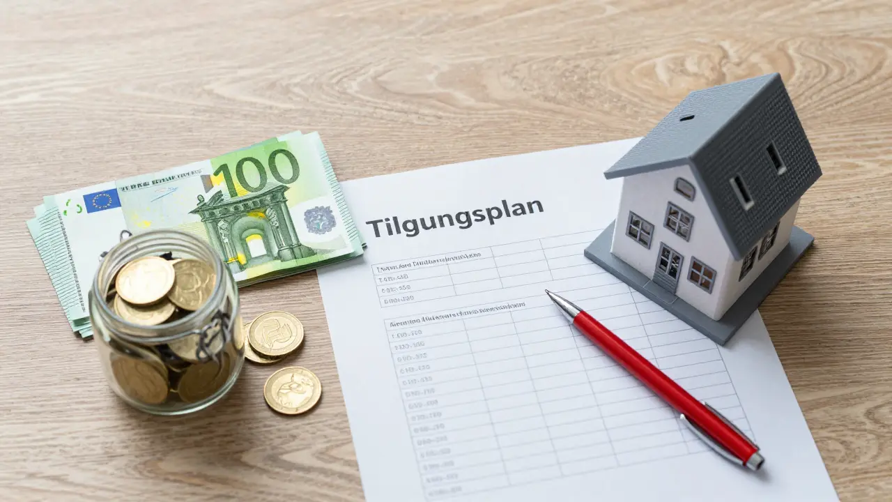 Flat lay of cash, house model, and amortization schedule on wooden table