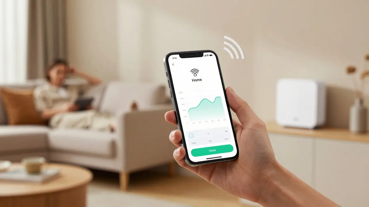 Hand hält Smartphone mit Heizungs-App vor unscharfem Wohnzimmern Hintergrund