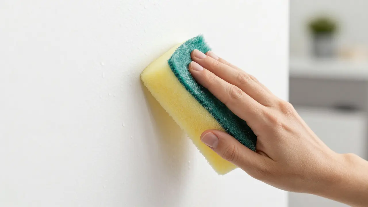 Hand wischt eine robuste Wandfarbe mit Schwamm sauber ab