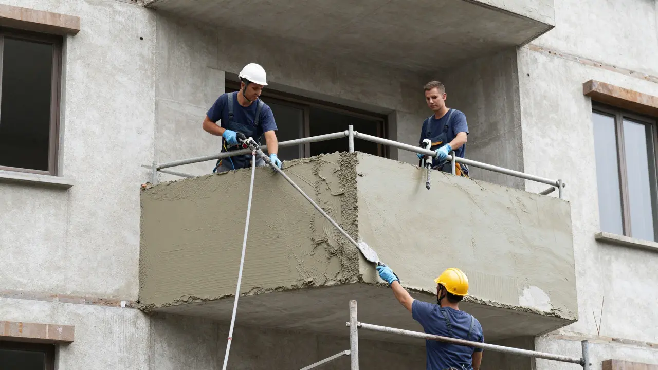 Handwerker reinigen und reparieren einen Balkon während einer Sanierung