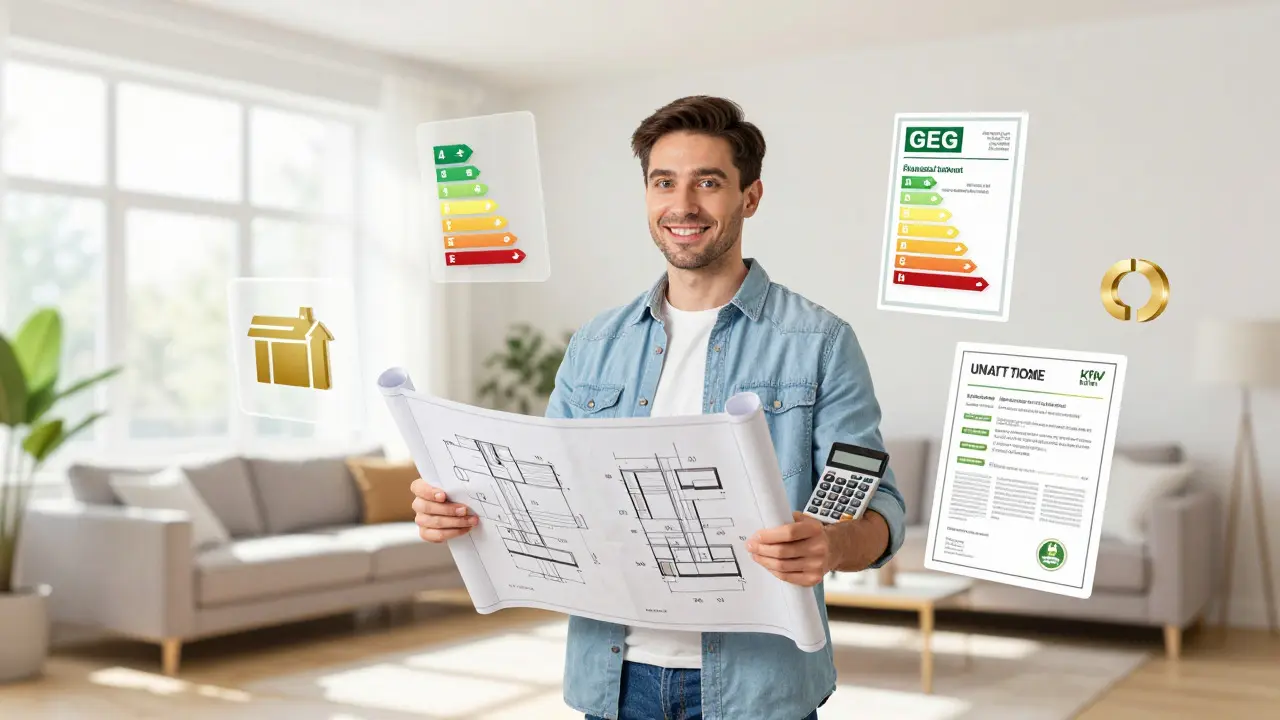 Hausbesitzer plant Renovierung mit Energieberater und Fördermitteln