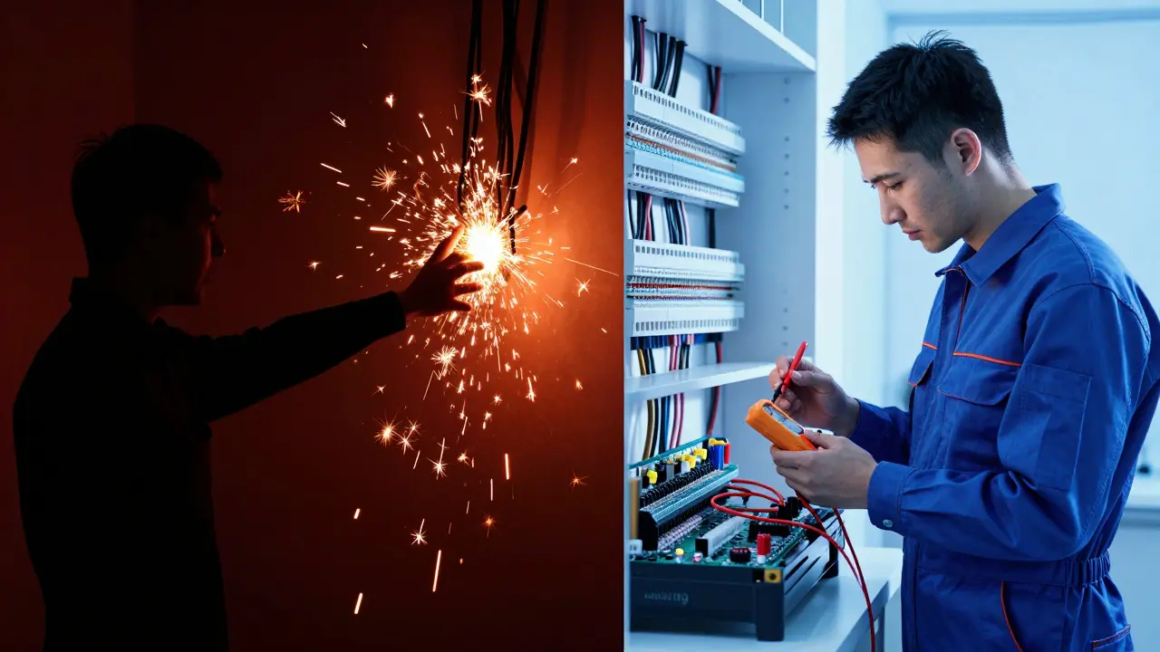 Kontrastbild: Gefährliche Laienarbeit links versus sichere Profi-Hilfe rechts