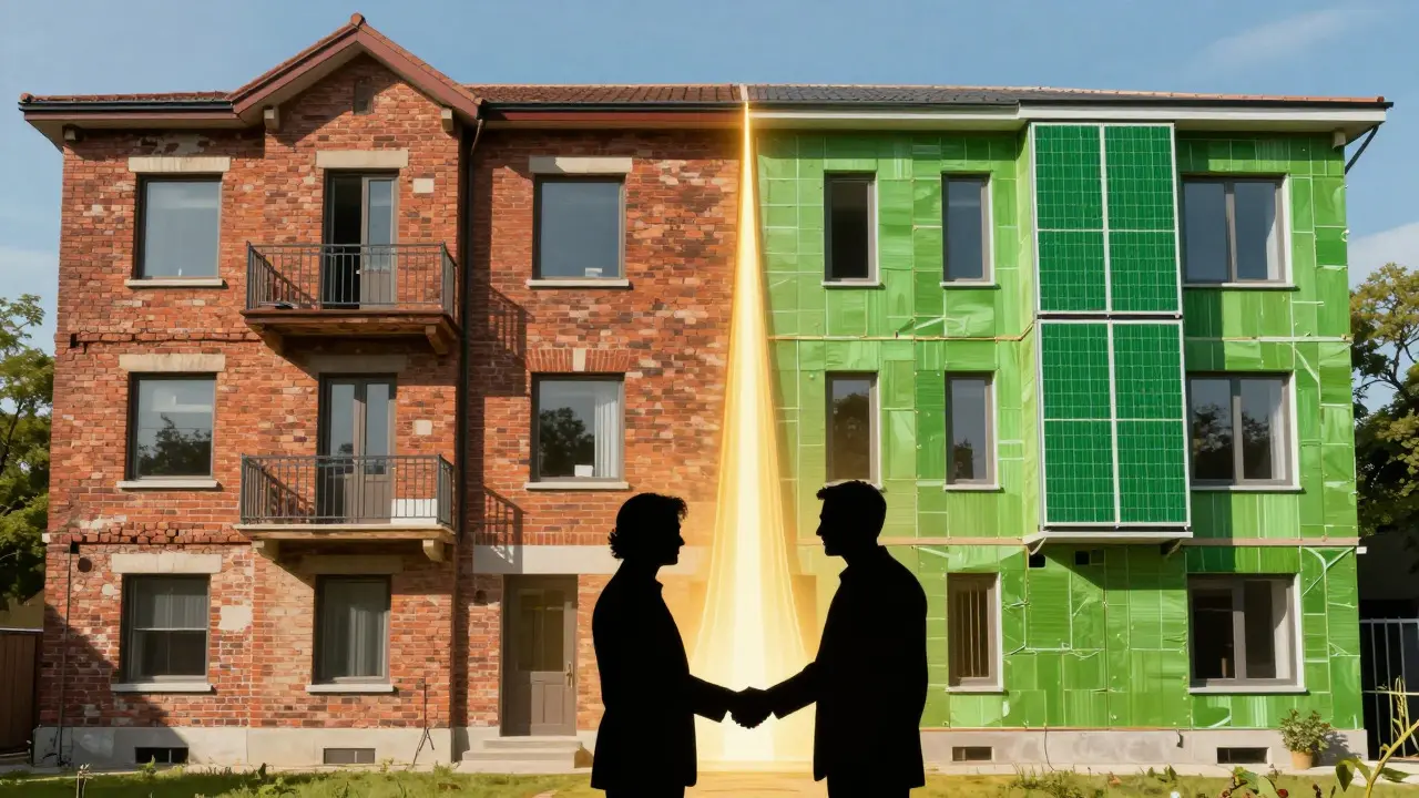 Konzeptillustration einer sanierten Wohnanlage mit grüner Energie und einvernehmlichen Eigentümern