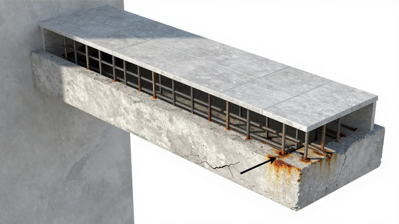 Schnittzeichnung eines Balkons zeigt Wassereintritt und Rostausdehnung im Beton