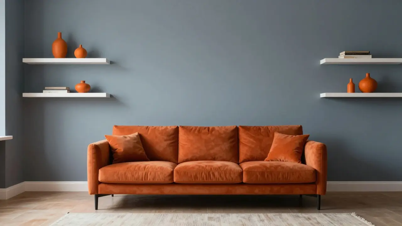 Wohnzimmer mit komplementären Farben: blaue Wände und orangefarbene Couch