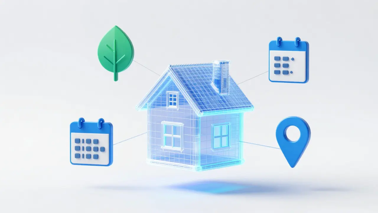 3D-Visualisierung eines Hauses mit schwebenden Attribut-Symbolen