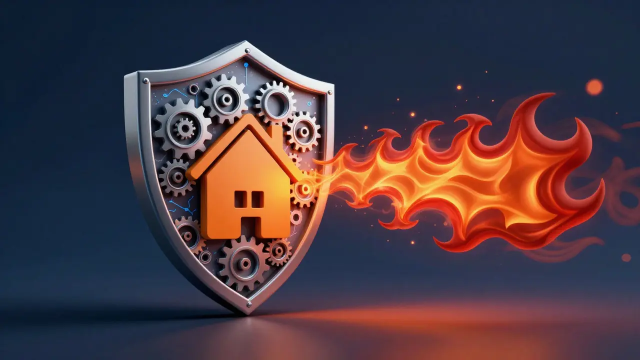 Abstract illustration of a protective shield guarding a house from fire