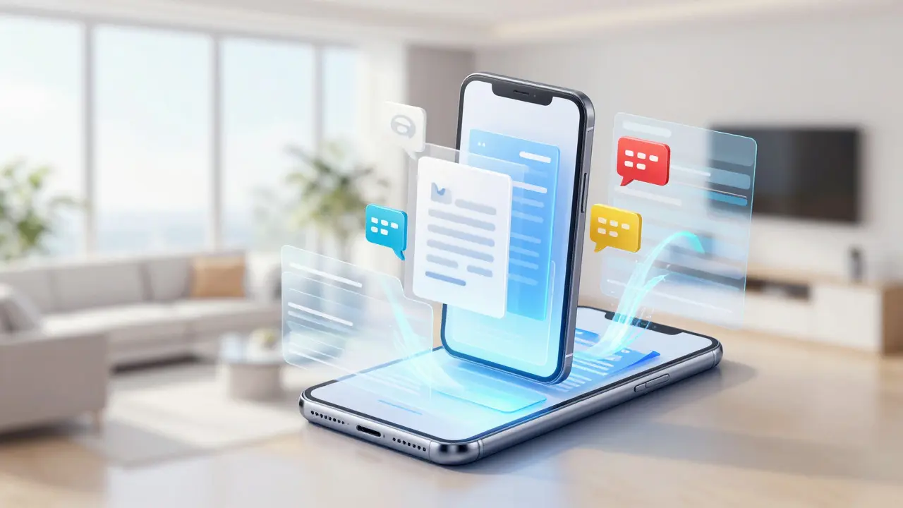 Abstrakte Darstellung digitaler Immobilienverwaltungstools auf einem modernen Gerät