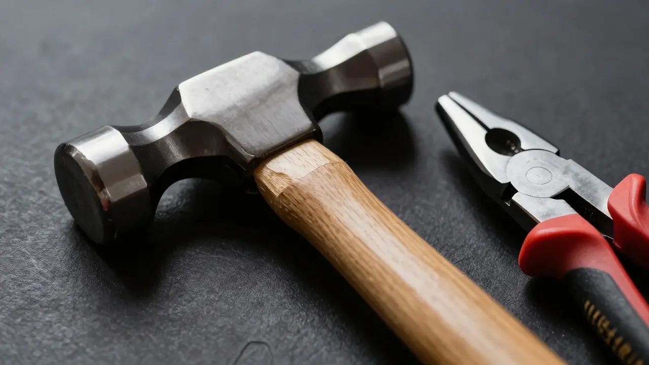 Close-up of a sturdy hammer head and polished pliers highlighting craftsmanship details