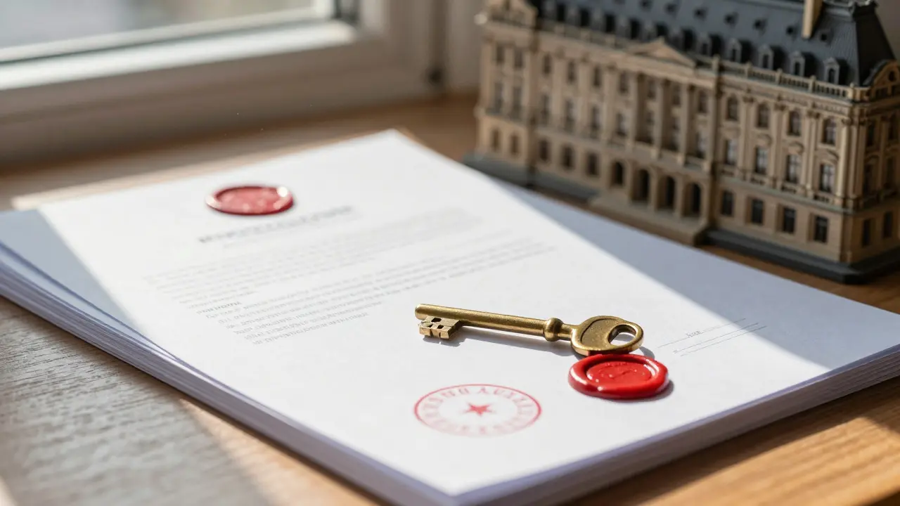 Close-up of legal documents, a seal, and a key on a desk, symbolizing property licensing