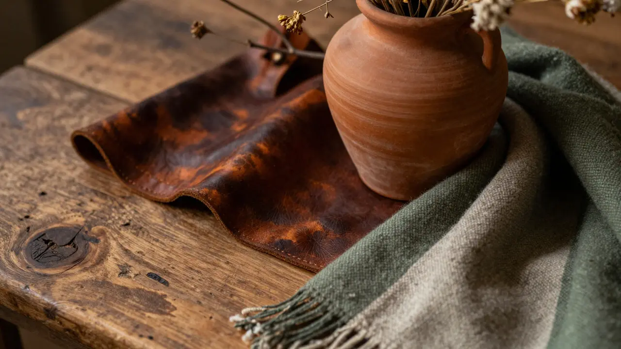 Detailaufnahme von Naturmaterialien wie Holz, Keramik und Leder