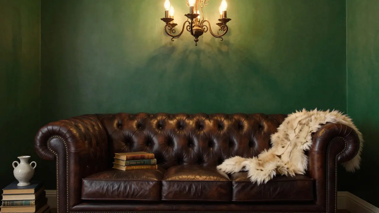 Elegante Ecke mit Chesterfield-Sofa und warmer Beleuchtung