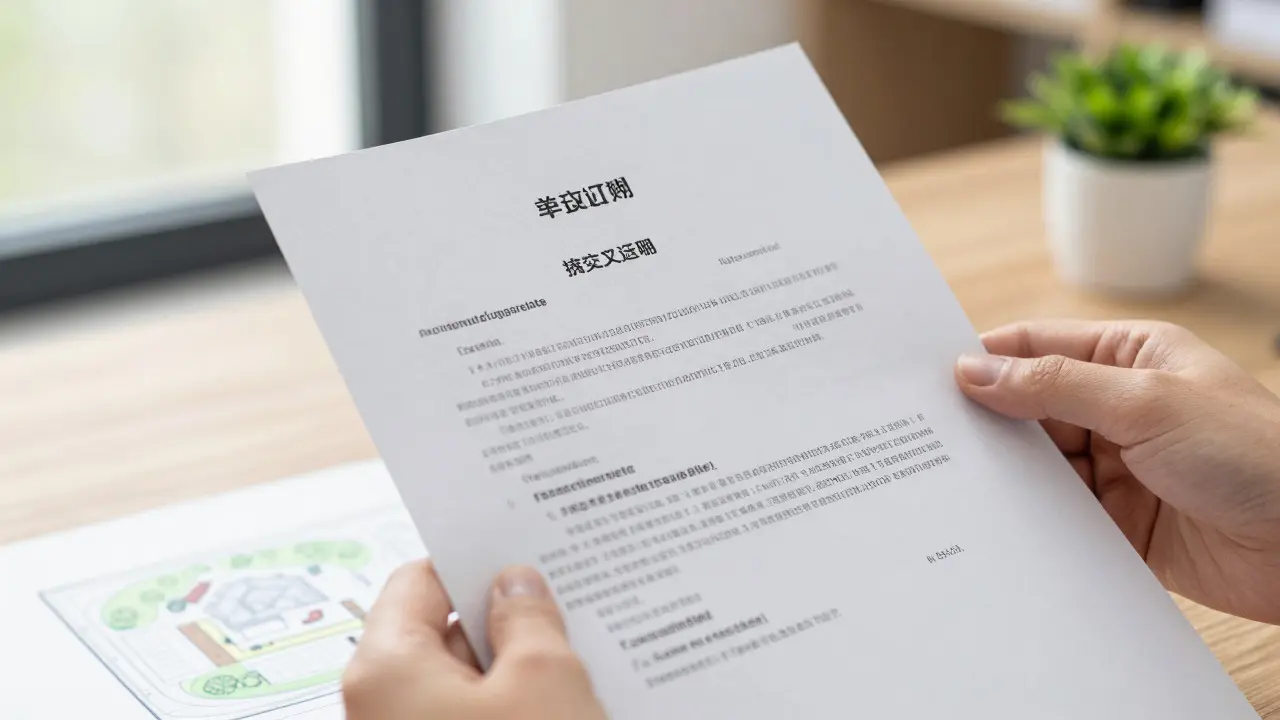 Hand holding a legal property document on a desk with architectural sketches in the background