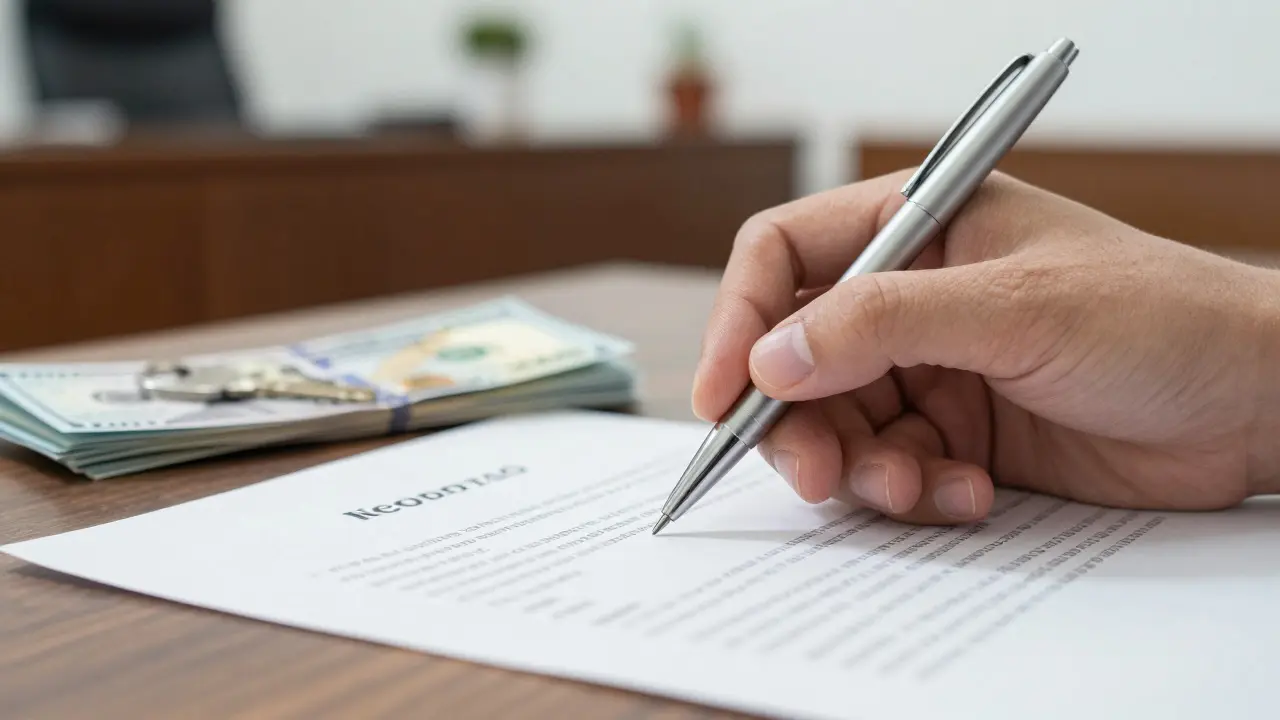 Hand mit Stift über Vertrag und Geldscheinen