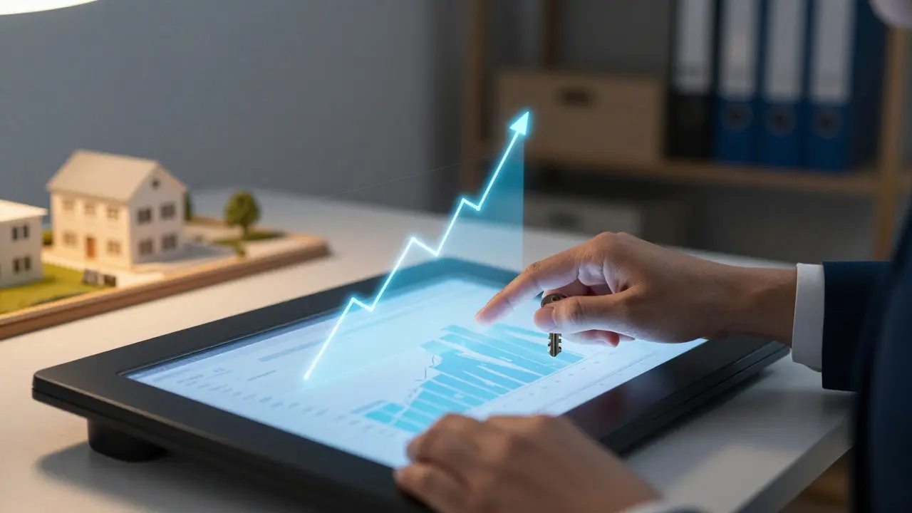 Hands pointing at digital trend projection while holding a house key