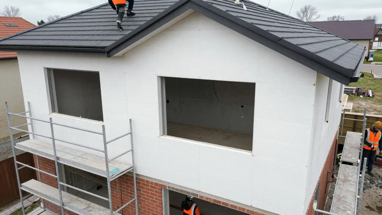 Hausrenovierung von außen nach innen mit Gerüst und Dachdecker