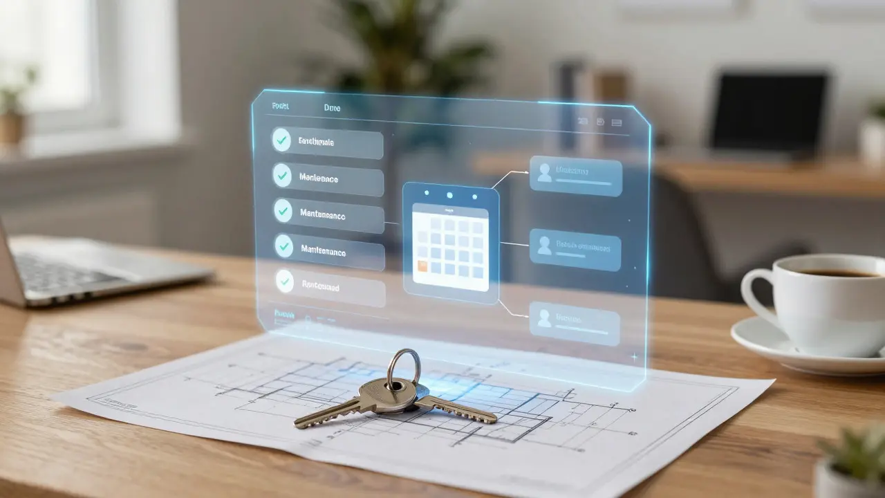 Holografische Software-Schnittstelle über Schlüsseln und Bauplänen auf einem Schreibtisch