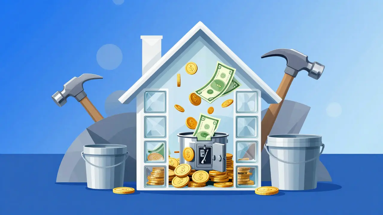 Illustration of a glass house containing money and construction tools