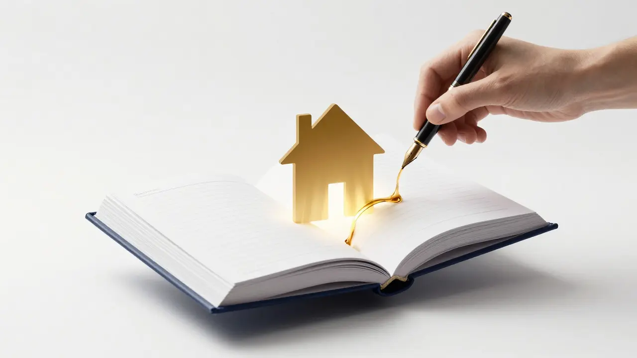Illustration of a golden house emerging from an open ledger book