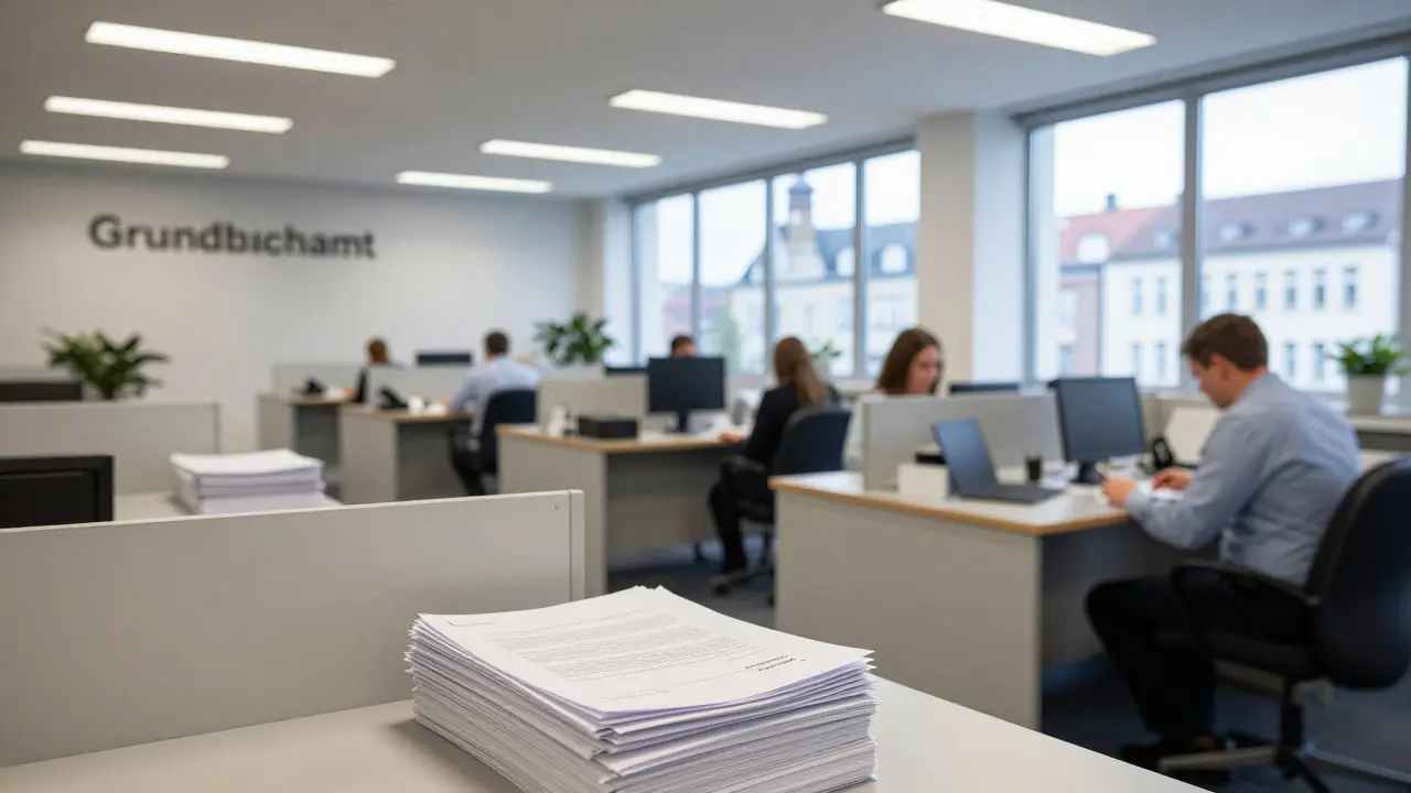 Interior of a busy government land registry office with file stacks