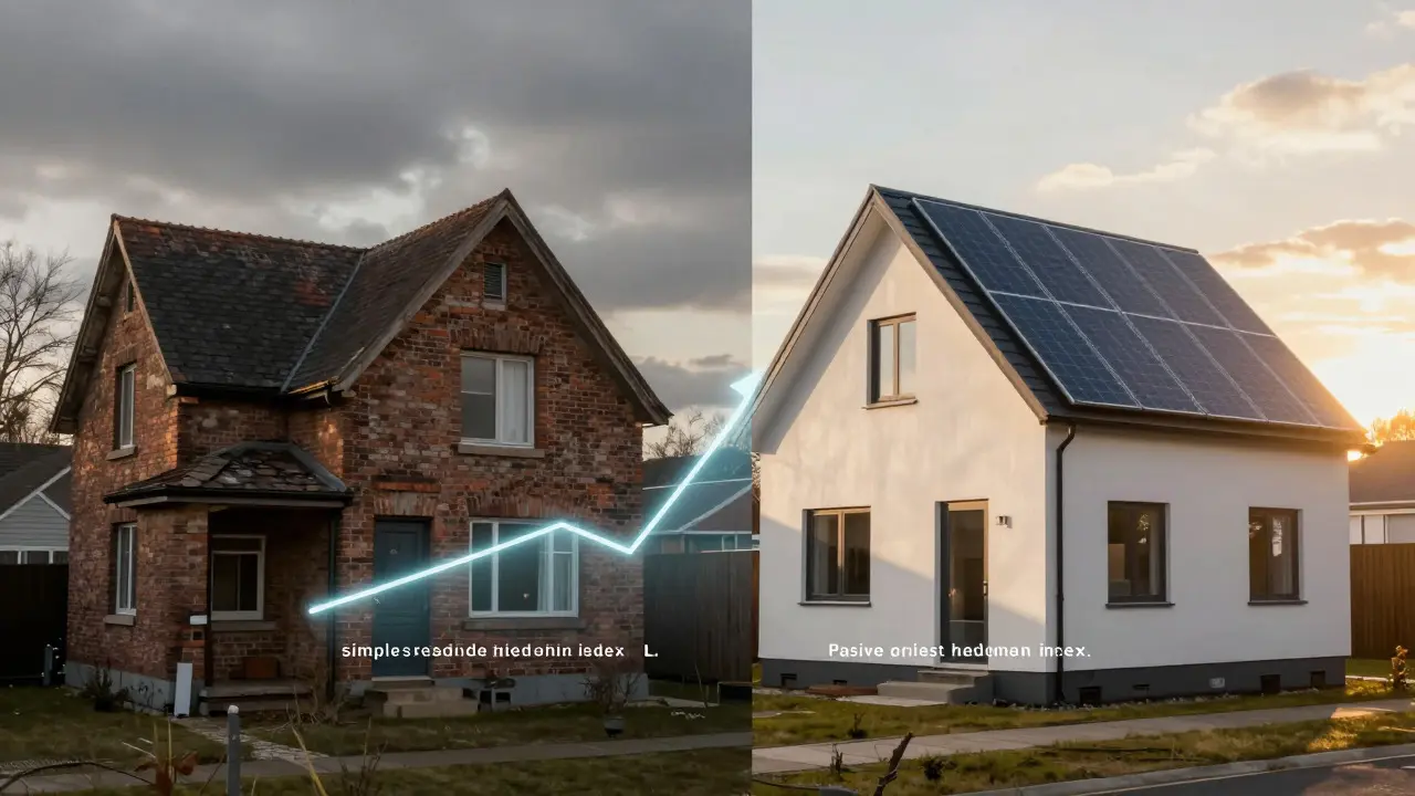 Kontrast zwischen altem Haus und modernem Passivhaus mit Trendlinien