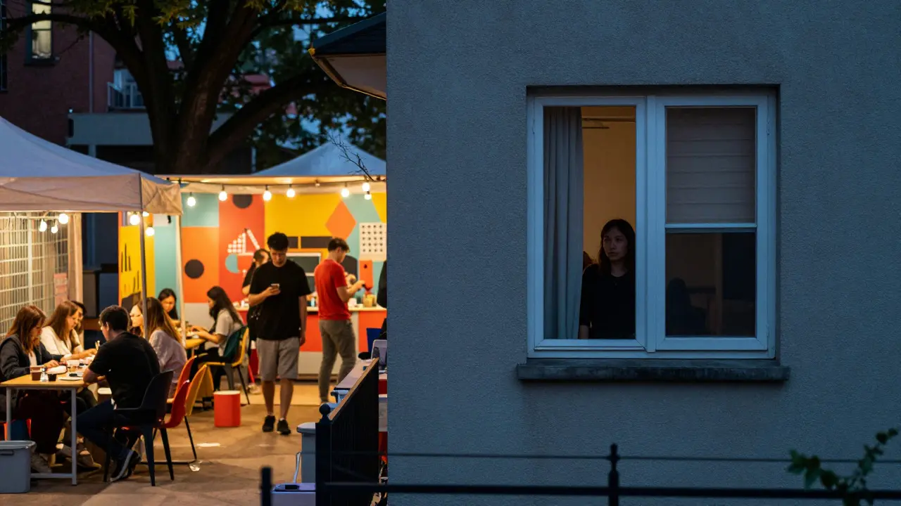 Kontrast zwischen lebhaftem Pop-up-Markt und ruhiger Wohngegend