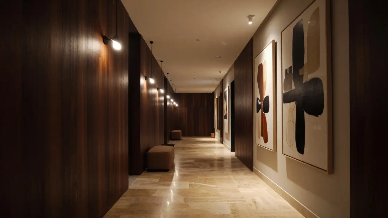 Langer Korridor mit Pendelleuchten, Holzpaneelen und abstrakter Kunst an der Wand