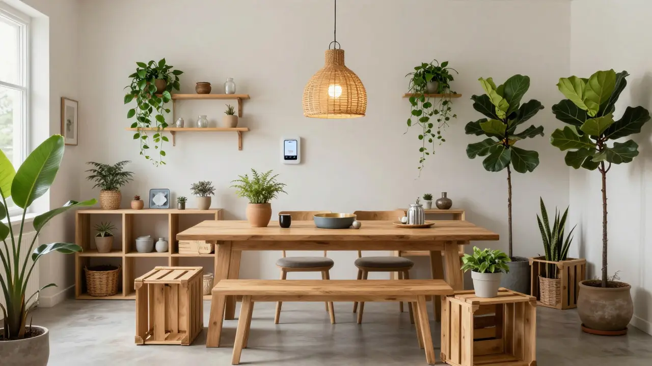 Nachhaltiges Neo-Boho-Zimmer mit modernen Möbeln und recycelten Dekoelementen