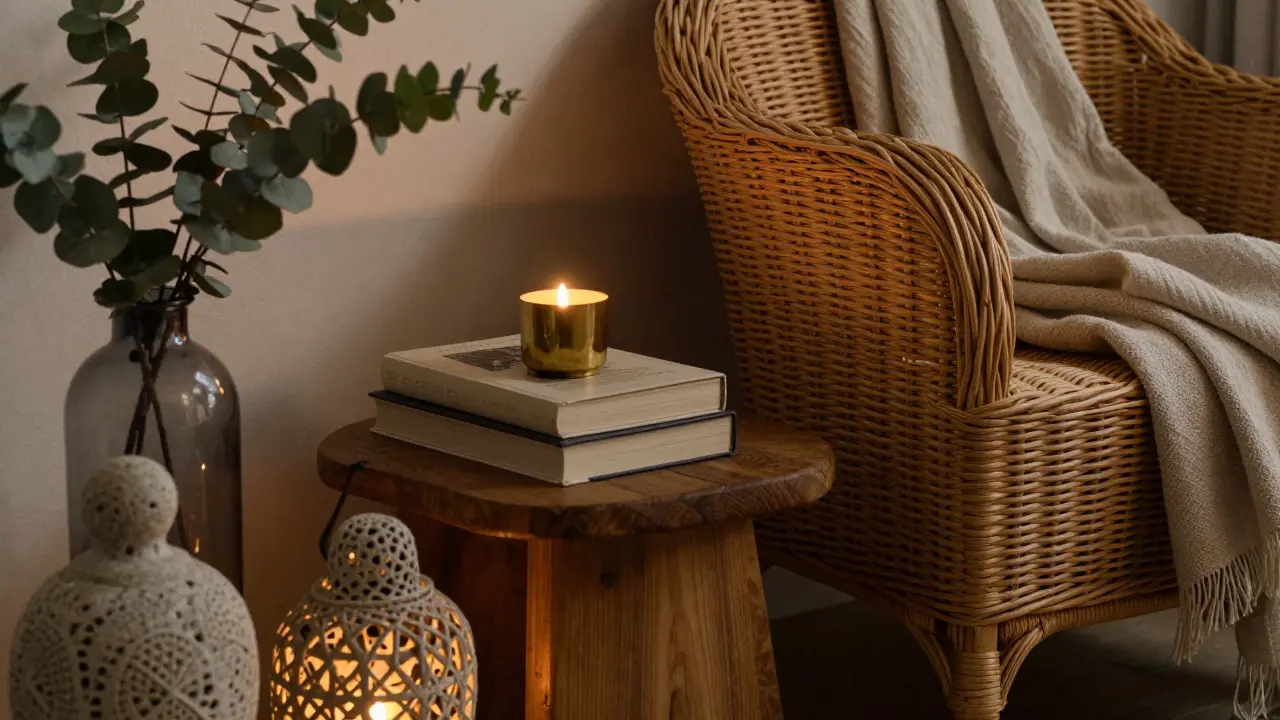 Nahaufnahme von Rattan-Stuhl, Kerzenlicht und natürlichen Materialien im Abendlicht