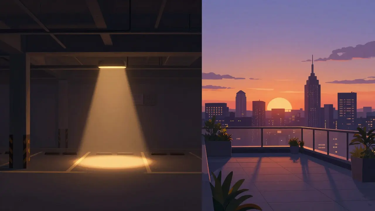 Split view of a dark parking garage spot and a sunny rooftop terrace illustrating real estate value differences