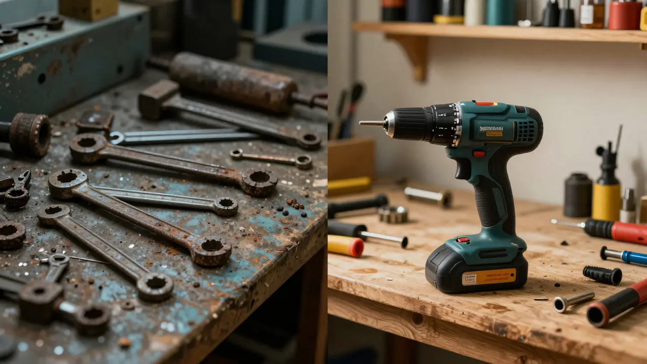 Split view showing broken cheap tools on the left and a durable premium drill on the right