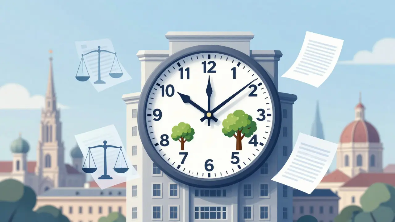 Stilisierte Illustration einer Uhr auf einem Gebäude, die verschiedene Kündigungsfristen für Mieter darstellt
