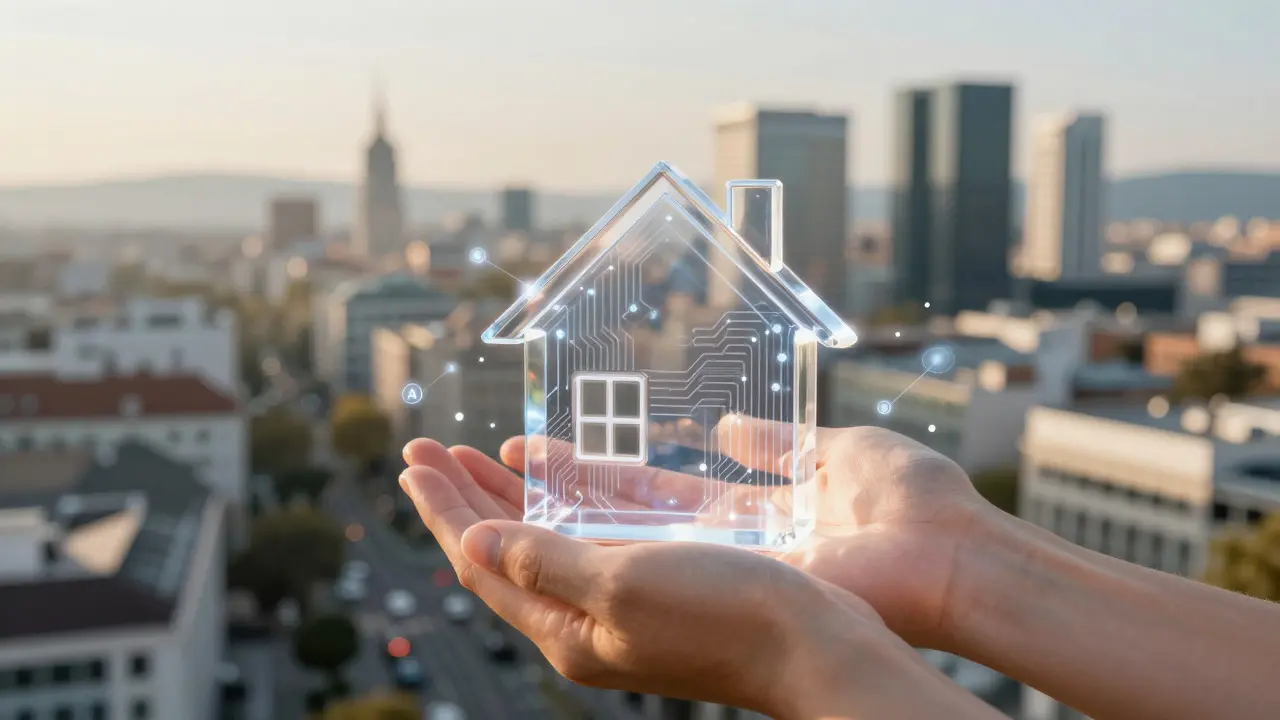 Symbolische Hände halten ein gläsernes Haus mit KI- und Blockchain-Elementen