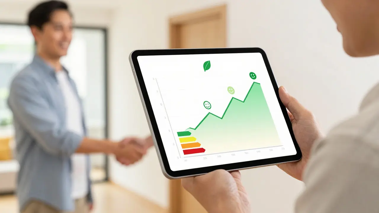 Tablet mit Preisgrafik im Vordergrund, Händedruck zwischen Vermieter und Mieter im Hintergrund